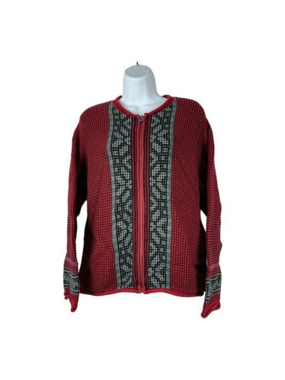 Woolrich Womens Red & Black Cardigan Sweater L Waffle Knit 100% Cotton Full Zip